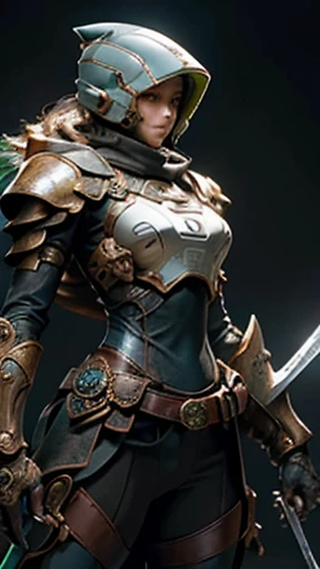 (obra de arte), (melhor qualidade), fotorrealismo, realista, ultra detalhado, rosto perfeito, corpo perfeito, 1 , garota linda, ((garota de armadura)) (((verde e azul))), mechanical armor, exoesqueleto, ficar, pose legal, sensual, with swords in hand,sword attack action,cbelos longos rosa,exoesqueleto