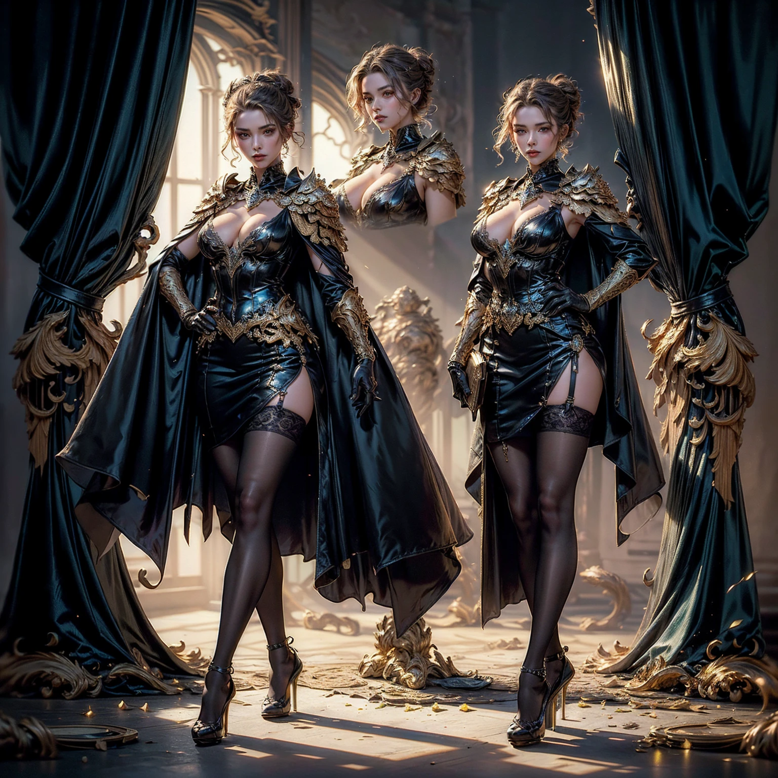 (A tall girl with long legs and slender body), (standing), (body facing to the viewer), (centered image), (short hair), (tall body), (slender body), (tutututu), (high heels:1.3), (full big breasts), (big round breasts), (1 girl), (solo), (sexy body), (black updo:1.2), (golden steel armor:1.1)and robes (cape:1.1) royalty ornate (embroidery:0.5), skinny (Gorget Plackart pauldron :1.3), (black gloves), (stockings), (lace stockings), (mini skirt with blue colors), (transparent skirt), (masterpiece:1.5) (illustration:1.1) (best quality:1.5) (extremely detailed) (intricate) (8k) (HDR) (cinematic lighting) (bright lighting) (sharp focus), standing, outdoors, grassland, forest in background, perfect lighting, smooth, hdr