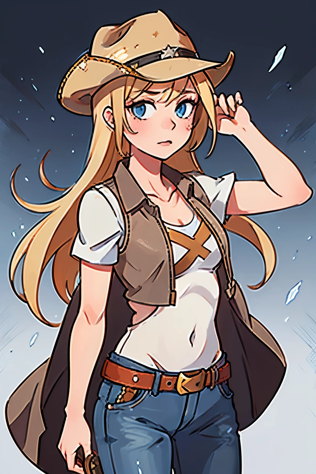 Young woman, Blonde hair, cowboy, Blue eyes, Revolver in hand, brown leather vest, White T-shirt, sheriff hat, blue jeans with belt