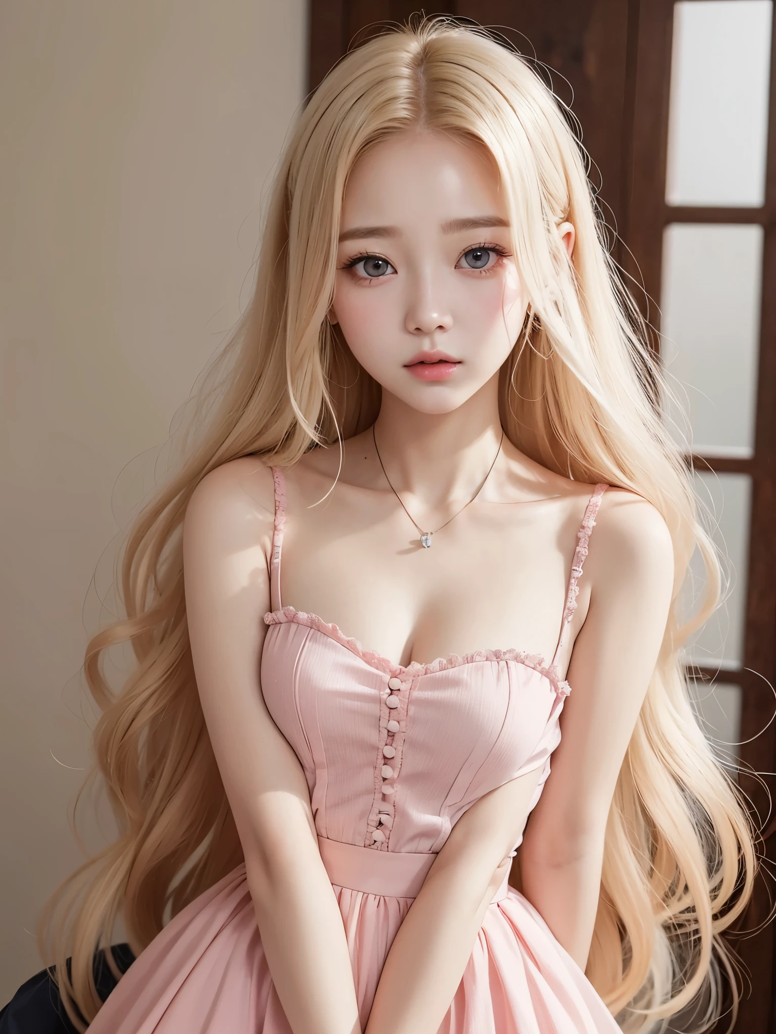 A young girl with very light blonde hair and pretty 20 years old, con cara de Wonyoung, Jang Wonyoung, doll eyes, estilo lindo, prendas rosadas. Chica japonesa, very tender asian girl with pale skin, ojos grandes, labios gruesos, ropa rosa, ella tiene el cabello muy largo, her face is pretty like a baby, se parece a Jang Wonyoung de ive, es Wonyoung, pecho grande.