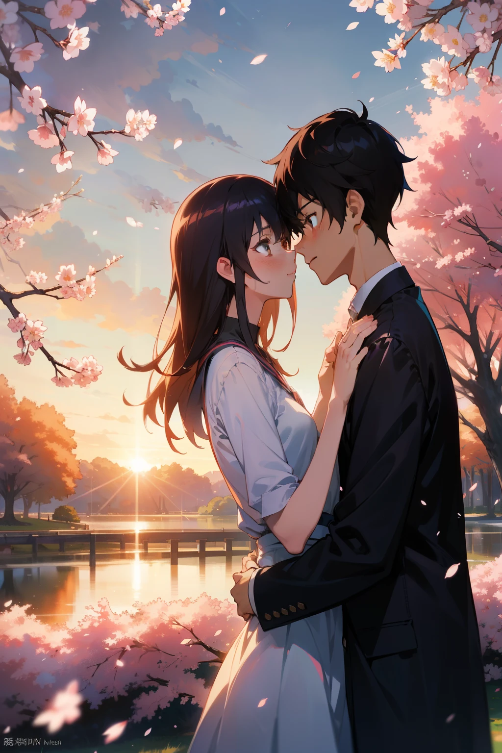 anime couple in a park with cherry blossoms and a lake, sakimichan and makoto shinkai, beautiful anime, artwork in the style of guweiz, guweiz and makoto shinkai, makoto shinkai and tom bagshaw, anime wallpaper 4k, anime wallpaper 4 k, 4k anime wallpaper, anime style 4 k