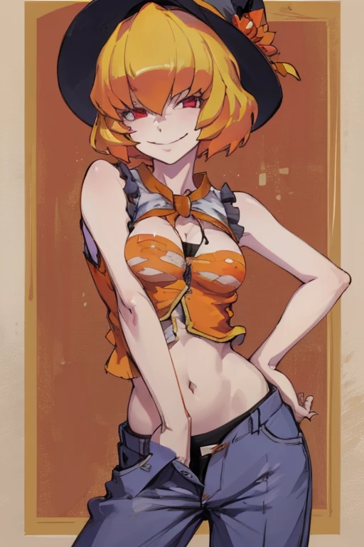 ((highest quality)), ((masterpiece)), (be familiar with),Clementine,Overload,{{nsfw}},Sleeveless shirt,pants,Bewitching Smile