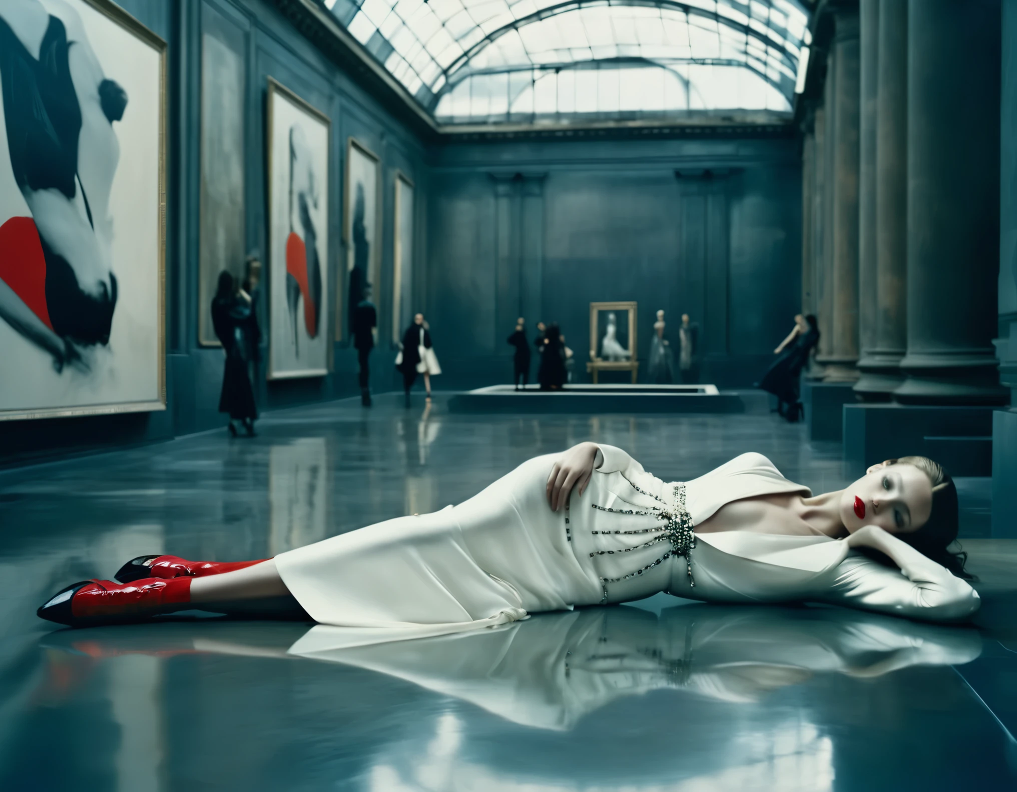 (a cinematic film still of a fashion shoot), a woman model laying posing in a modern art museum, fashion haute couture garments by Alexander McQueen, photography by Paolo Roversi, sharp focus, cinematic lighting, fashion style, moody, film grain