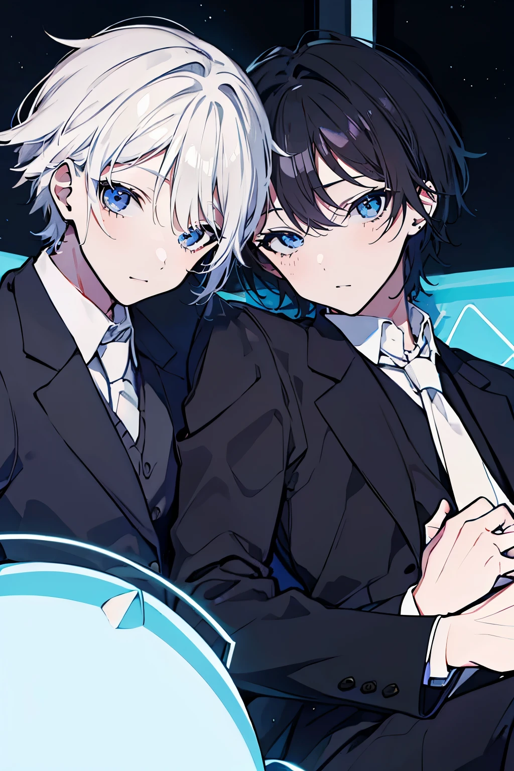 (Mastepiece), (Best Quality), Very detailed, ((Two friendly men)), Perfect Face, Beautiful Face, Very detailed顔，(Black-haired man:1.3)，(white haired man:1.3)，suit，shirt
