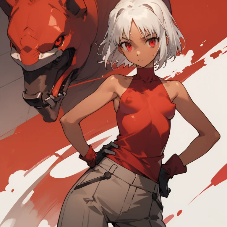 ((highest quality)), ((masterpiece)), (be familiar with), CANAAN, 1 Girl, alone, Silver Hair,Brown skin,Red eyes,long pants,red sleeveless,Clothes with a visible back, Slender,slender,short hair,Small breasts, Erect nipples, No bra, gloves, Hands on hips