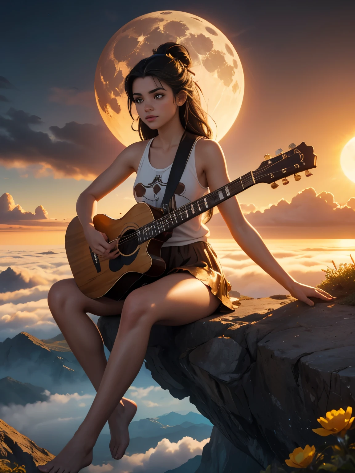 abstract painting art, 8k poster, full body, golden flowers, beautiful girl sitting on edge of cliff observing distant horizon, garden, golden eyes, long hair blown by wind, front view of female body, cloud sunset red, night light, depth of valley seen from above with a lake and distant mountains, oil painting, a girl well focused on the scene, (((girl plays guitar))), overexposure, overexposure art, surreal art, fantasy, abstract art of a woman in a mountain landscape, 8k poster, full body, gold and silver flowers, sunset light, (((girl plays guitar))), (((giant full moon next to the sun) )), (((musical signs in the clouds))), ((((long brown and black hair loose in the air, abstract hair molded into musical symbols, musical score thrown into the clouds, surreal art)))), high resolution 8k poster, gold and silver butterflies, ((short dress, tank top)), ((transparent t-shirt)), ((miniskirt)), ((bare feet))), girl on mountain top watching horizon distant, valley seen from the mountain height, beautiful Latin girl playing guitar, musical melody written in clouds, 3D art,