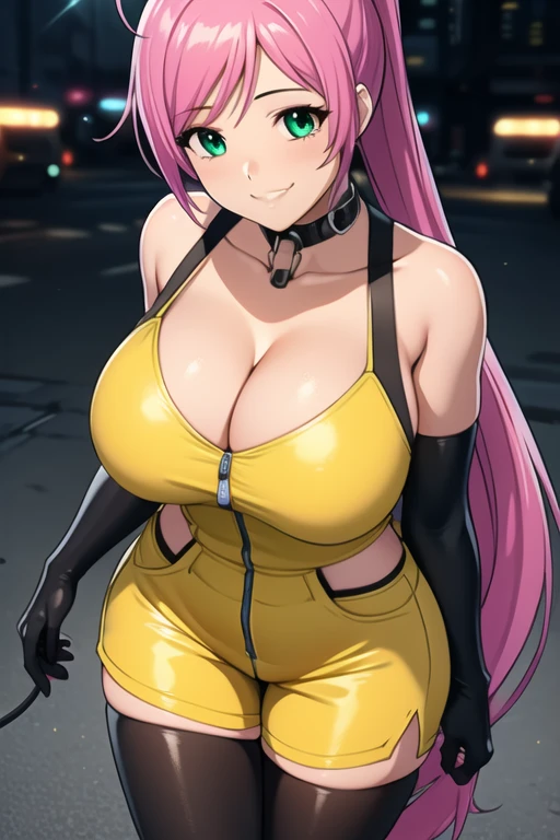 1 girl, 19 years old, Long pink hair, green eyes with slit pupils, master-piece, best quality, (standing up), (hair in a ponytail), (yellow jumpsuit, black gloves, cleavage),  (Big , ultra gigantic , Super super big, Glamorous body), Make eye contact with the camera, front figure, looking forward, (light_Smile:1.5), (Detailed hands and fingers:1.2) (Cyberpunk City), (FULL BODYSHOT), thighs thighs thighs thighs、beauty legs、Bare legs