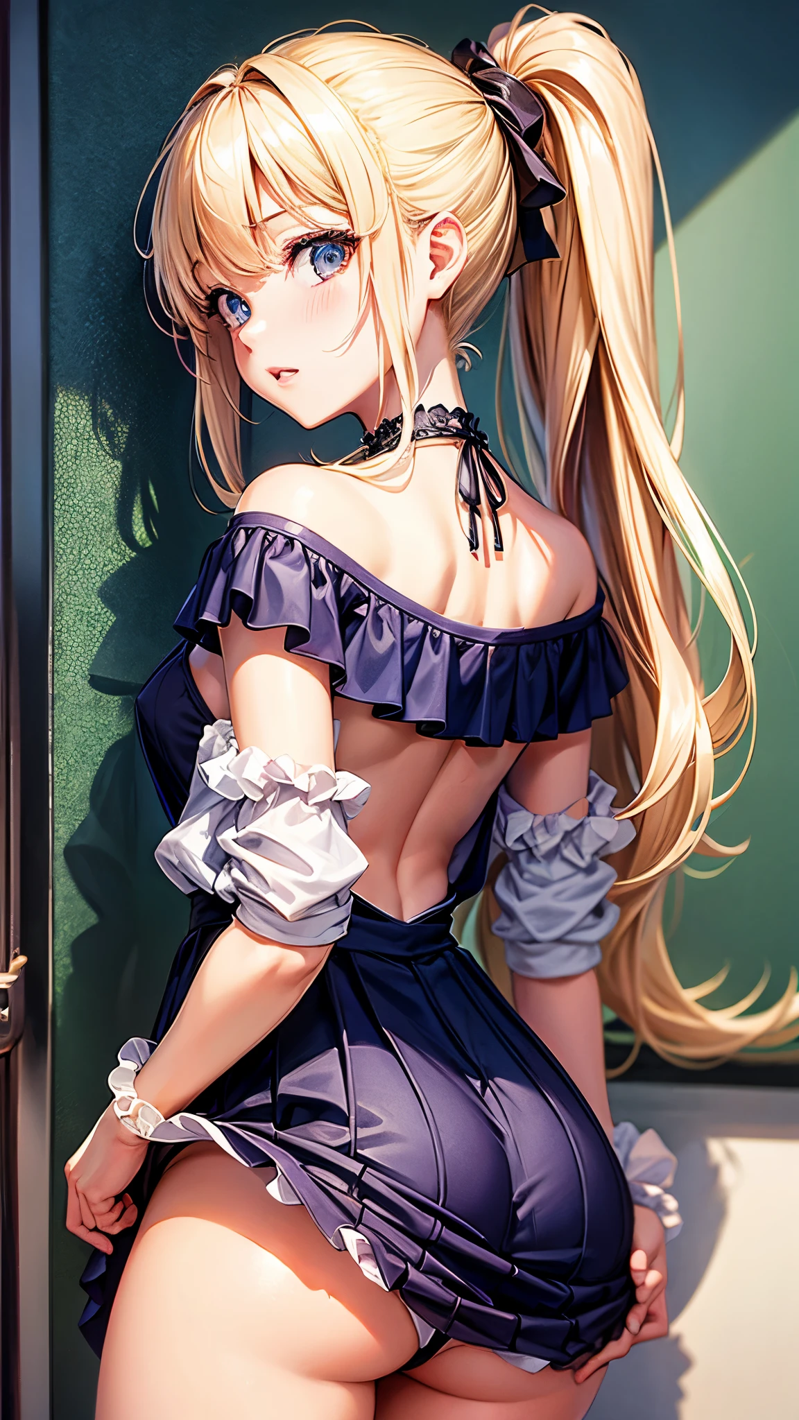 highest quality、4K quality、lean against the wall、Beautiful cleavage、Off the shoulder、Frilled Skirt、Beautiful Style、tall、Small breasts、Bare buttocks、Small Ass、Blonde up ponytail、Shy face、20-year-old teacher、Bare shoulders、grab the skirt、ultra detail eye,Shooting from behind