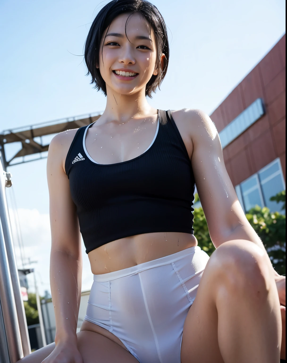 NSFW,one japanese girl, Front view, stand, Looking at the audience, Exposed Skin, (From below),Brown eyes, (very short hair with black hair:1.2), (bright hair), (Medium chest:1.4), Smiling with white teeth, (Photorealistic:1.4), (Best image quality:1.0), (Ultra-high resolution:1.0), 8k, Raw photo, (masterpiece:0.2), タイトなAthletics uniforms, Show off your abs, ((Sweaty, Wet)), Full Body, Outdoor, Athletics,blush:1.5,~28 random ages,Bare thighs,Camel Toe