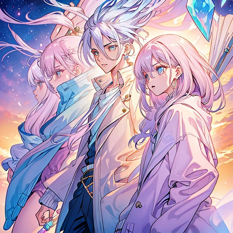 A beautiful androgynous person with long lilac gradient hair and amber eyes, wearing a soft blue cardigan and has opal drop earrings.