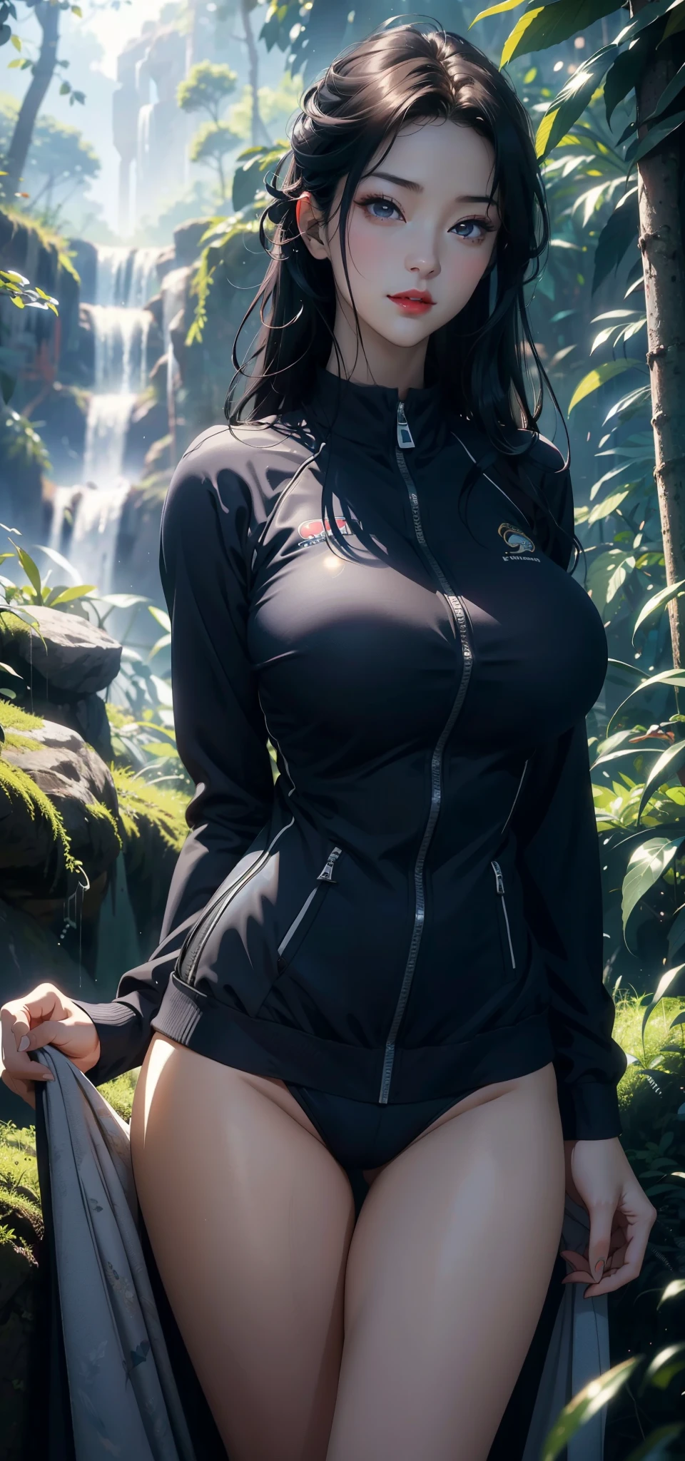 1 female,45 years old,Married woman,milf,Large Breasts,Long legs,Big breasts and thin waist, 照片曝Light, solitary,(background:In the woods,rainforest,In the summer) She has long black hair,Red lips,stand up,Front view, OK, The sky is cloudy,(((masterpiece),(Highly detailed CG Unity 8k wallpaper),最OK质量,Light,详细background,beautiful eyes,smart student,(very delicate and beautiful),(Beautiful and detailed description of the eyes),Ultra Detailed,masterpiece,)),face camera,high resolution,Ultra Detailed),Exposing breasts,Exposing genitals, Convex,Camel toe,Sexy bulge,Actress,navy(wear:Mecha,Baseball jacket)