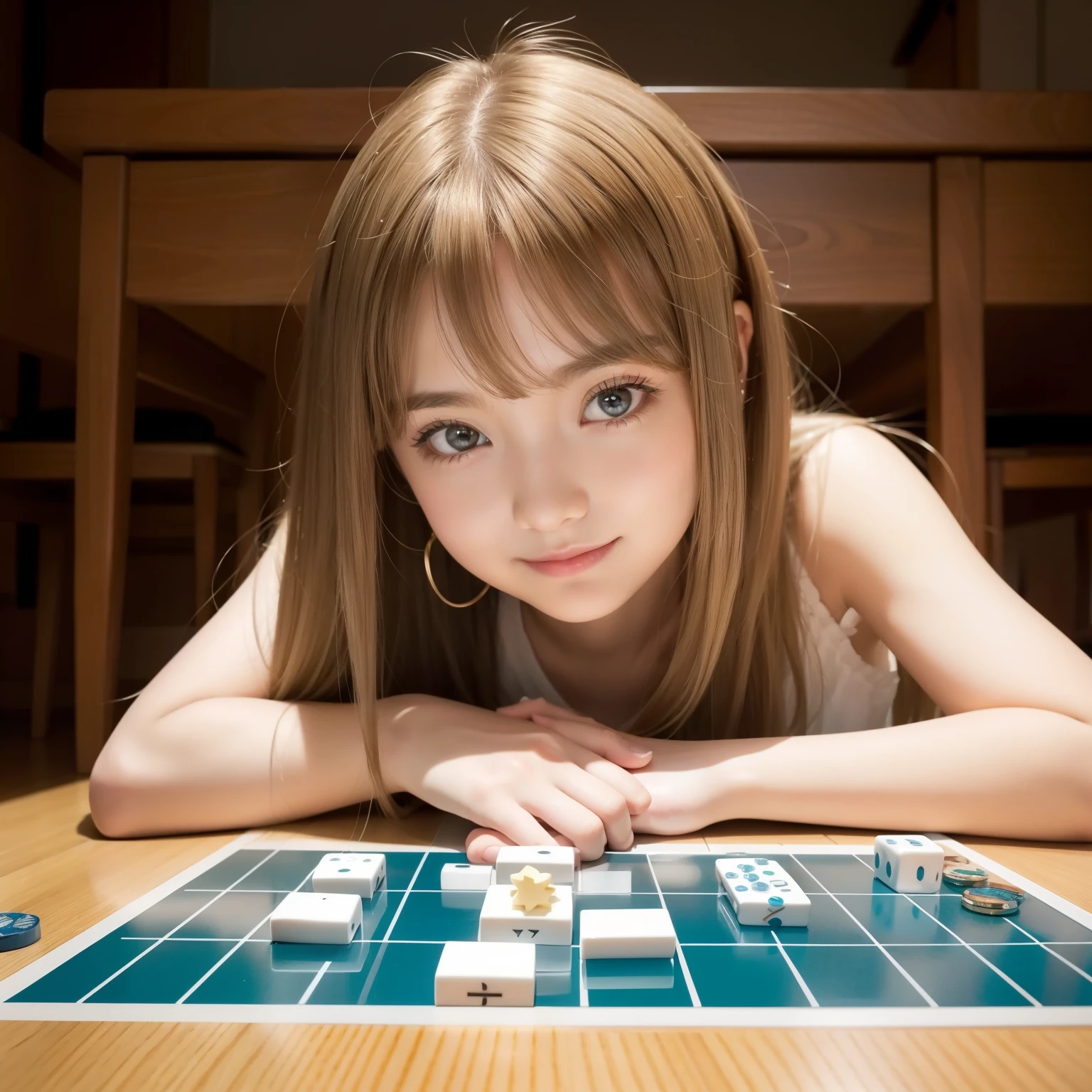 playing boardgame,having arms crossed,Shiny and transparent white skin、Windy hair disturbs your cute face、giant、one 10 year old cute sexy little beautiful face、Beautiful straight hair that stands out、spectacular, beautiful azure eyes with bright、Long soft bangs that cover cute eyes, sexy face hiding hair super long hair sexy cute young women long natural blonde shiny shiny hair,smile, Sitting around the table playing a board game, board game catan, The board game looks good, Table-centered composition,