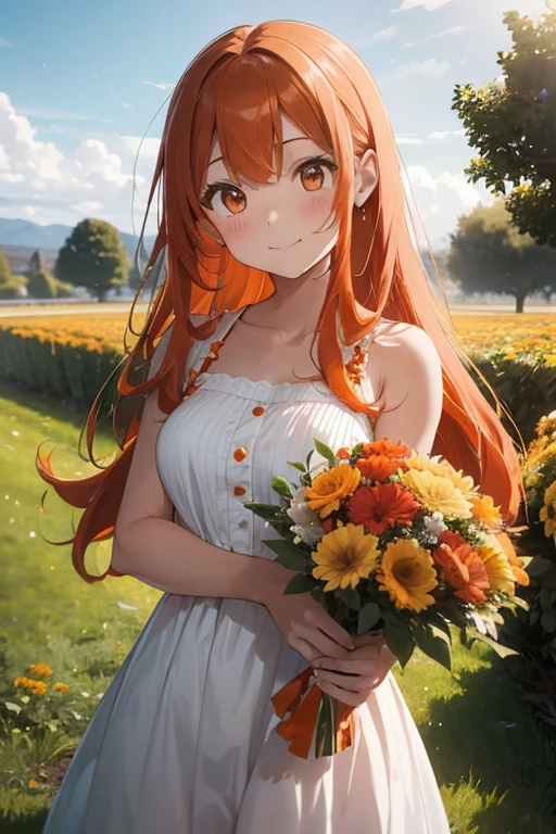 1970s,White and orange dress,-yeld giHair between red and orange,Wavy semi-long,A facial expression that reveals a cheerful personality,Energetic and dynamic pose,Bouquet held in both hands,Orange orchard on the hill,