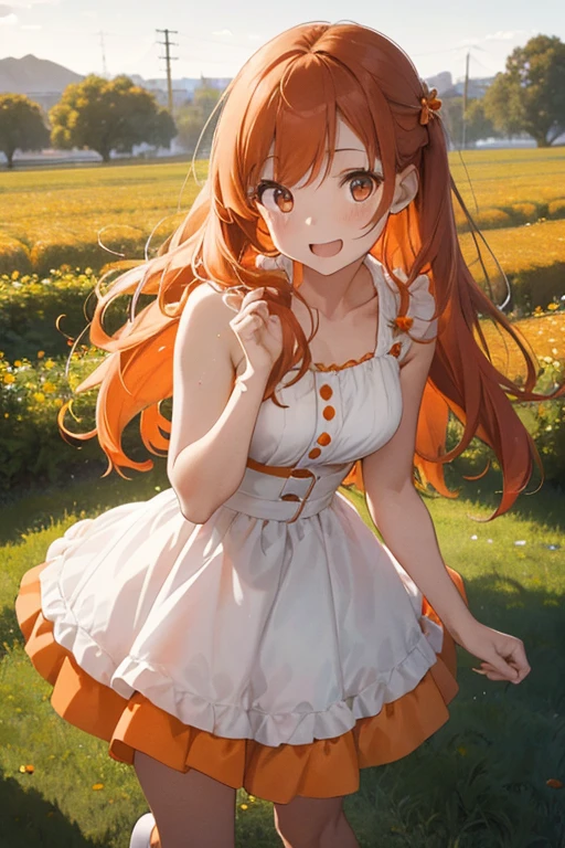 1970s,White and orange dress,-yeld giHair between red and orange,Wavy semi-long,A facial expression that reveals a cheerful personality,Energetic and dynamic pose,Bouquet held in both hands,Orange orchard on the hill,