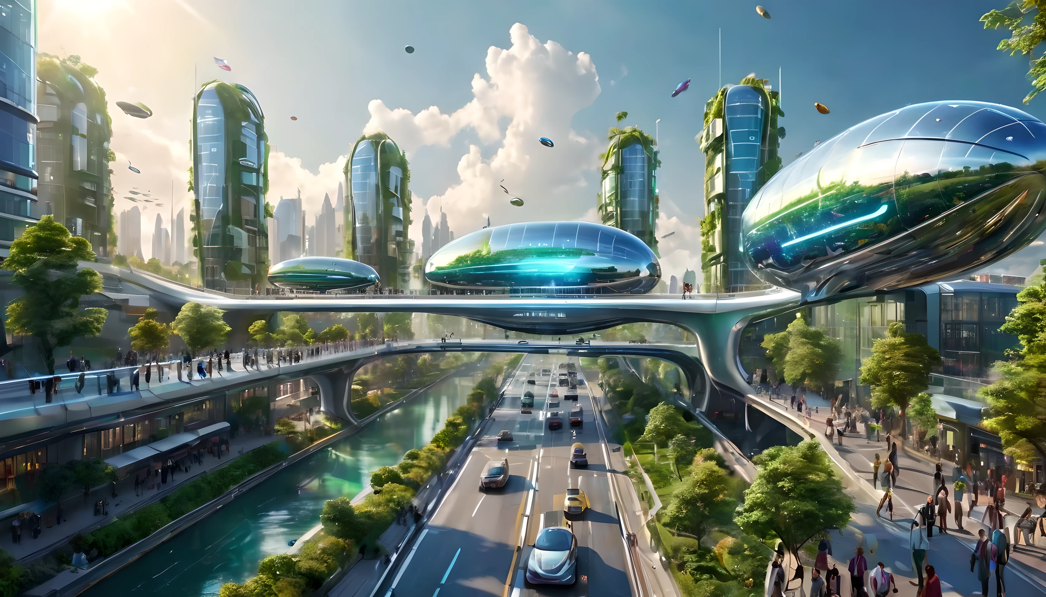 Tech City of the Future,There is a road on the street,Streamlined sci-fi building,Surrounded by greenery,River glow,Building shapes of various shapes,Buildings of various colors,Many people are walking on the road,Flying cars on the road,People wearing various luminous clothes,Varied,The road is made of glowing glass,Mirror-like reflection,There is a digital glass bridge in the air,The screen mainly shows the crowd,,Technological architecture,sunny, Planting greenery around buildings,There are a dozen blimps in the sky,Exquisite。Colorful and rich colors,lustene reflective,Clear details,((high quality)),4K