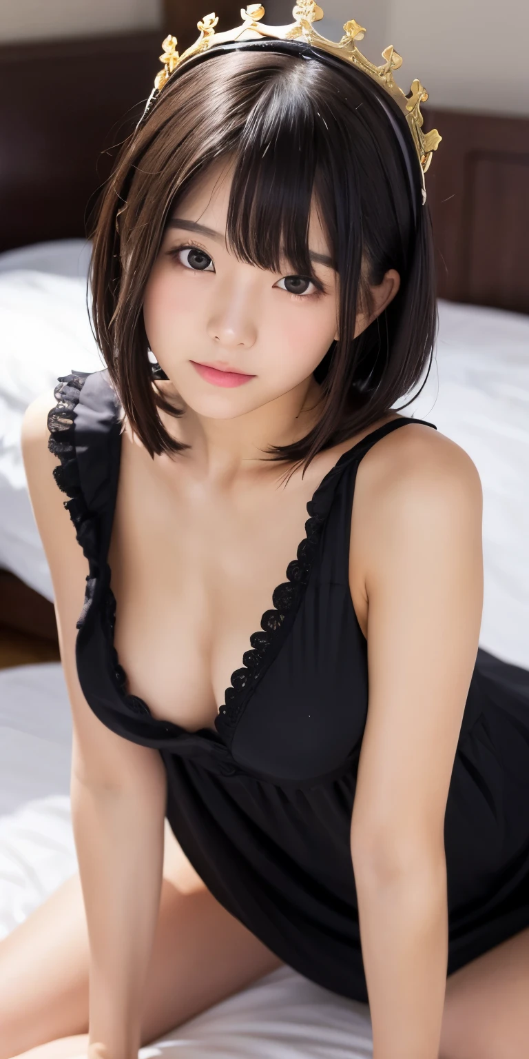 Forward bending pose、Bedroom、Nightgown、Japanese Girls、、Small breasts、Perfect breasts、Perfect Skin、Perfect figure、Small breasts、Small face、Wet bob hair、Black-haired、Bangs, crown、colorful、 Nippleuchimuchi