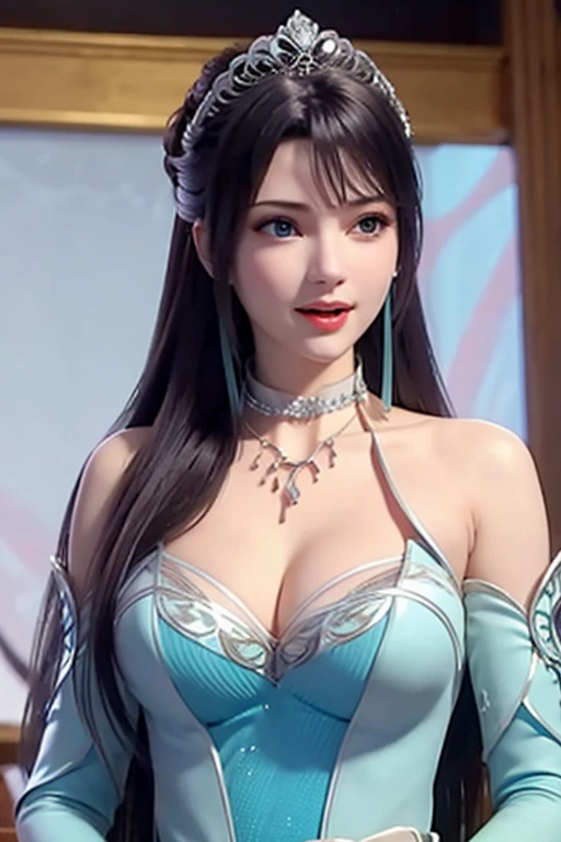 sagisawa fumika, 1girl, solo, watch, pendant watch, blue eyes, breasts, gloves, tiara, dress, long hair, cleavage, looking at viewer, white gloves, bare shoulders, open mouth, large breasts, strapless, choker, blush, white dress, black hair, brown hair, hair between eyes, strapless dress, collarbone, smile, bangs, on stage,