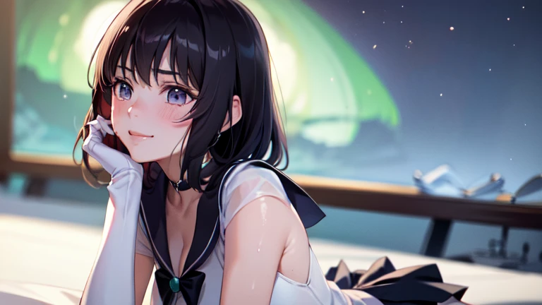 master piece,best quality,ultra detailed,8k,
ambient light,realistic skin,glossy skin,
（sailor_saturn:1.2）、color accent、
（lie face down：1.2）、（My body is wet with sweat）、Glossy lips、Slightly emphasize the lower lip、blush、smile、emphasizing the cleavage、
Fantastic night sky、full moon、Aurora、horizon、High-class restaurant、snow