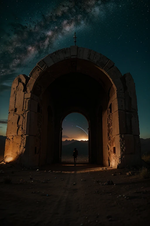 paisaje, tierra quemada, tierra roja, puerta dimensional, Demonic energy, portal (objeto), arco gigante con estatuas, particles, desierto, noche, estrellas, volumetric lighting, mejor calidad, Obra maestra, texturas pintadas a mano, detalles intrincados, realista, wrcrft 