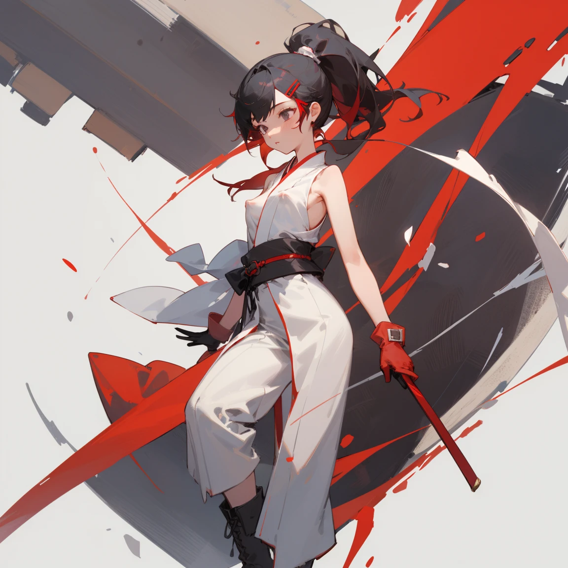 ((highest quality)), ((masterpiece)), (Become familiar with), 1 girl, alone, Black Hair,ponytail,White kimono,black sleeveless,red hair clip,Red belt, ,slender,Long Hair,Small breasts, gloves,boots, Erect nipples