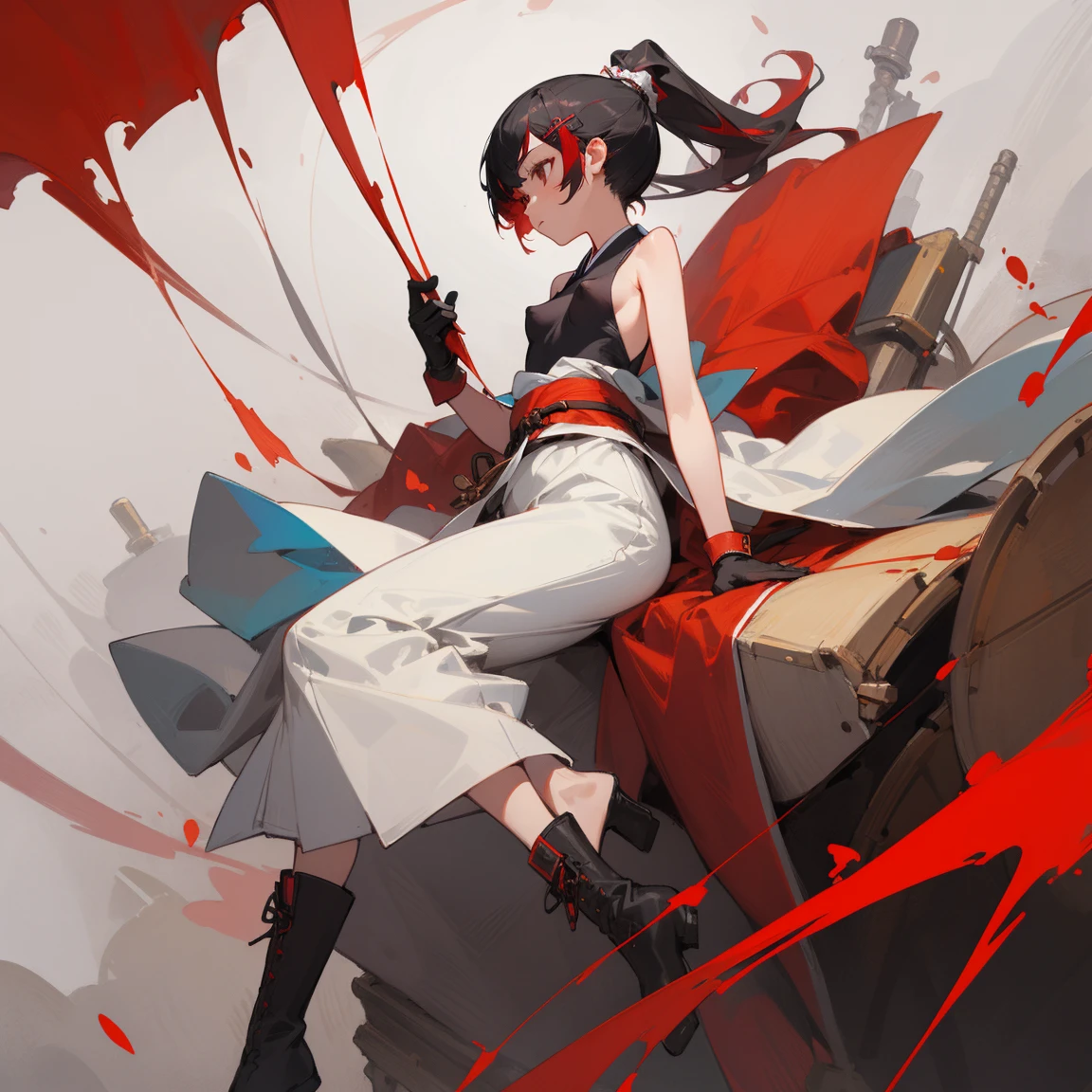 ((highest quality)), ((masterpiece)), (Become familiar with), 1 girl, alone, Black Hair,ponytail,White kimono,black sleeveless,red hair clip,Red belt, ,slender,Long Hair,Small breasts, gloves,boots, Erect nipples