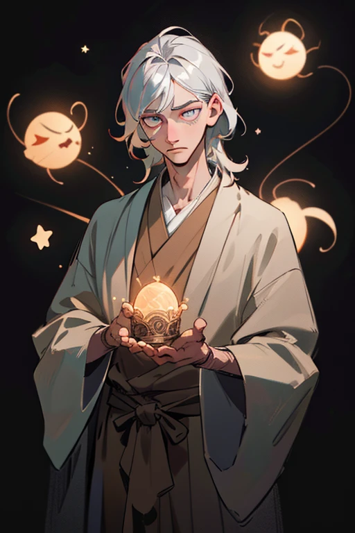 realistic, masterpiece, best quality, colorful,(finely detailed beautiful eyes and detailed face),nature lighting, extremely detailed CG unity 8k wallpaper,
1boy, solo, tall muscular guy,
Clothes: intricate wizard robe,
Appearance: silver hair, light colored pupils, handsome,
Behavior: cupping hands, glowing star \(symbol\),
background: simple background,