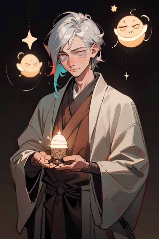 realistic, masterpiece, best quality, colorful,(finely detailed beautiful eyes and detailed face),nature lighting, extremely detailed CG unity 8k wallpaper,
1boy, solo, tall muscular guy,
Clothes: intricate wizard robe,
Appearance: silver hair, light colored pupils, handsome,
Behavior: cupping hands, glowing star \(symbol\),
background: simple background,