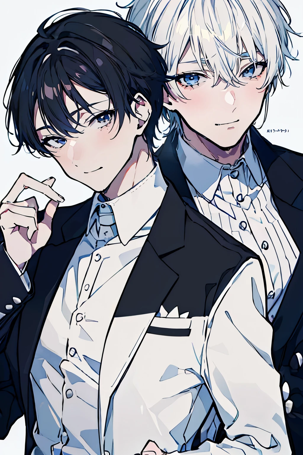 (Mastepiece), (Best Quality), Very detailed, ((Two friendly men)), Perfect Face, Beautiful Face, Very detailed顔，(Black-haired man:1.3)，(white haired man:1.3)，suit，shirt