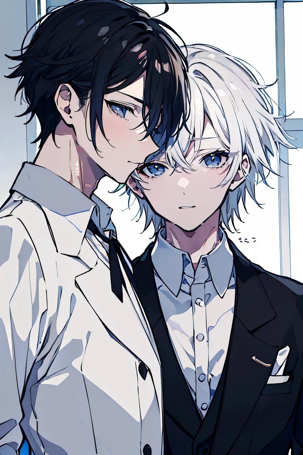 (Mastepiece), (Best Quality), Very detailed, ((Two friendly men)), Perfect Face, Beautiful Face, Very detailed顔,(Black-haired man:1.3),(white haired man:1.3),suit,shirt