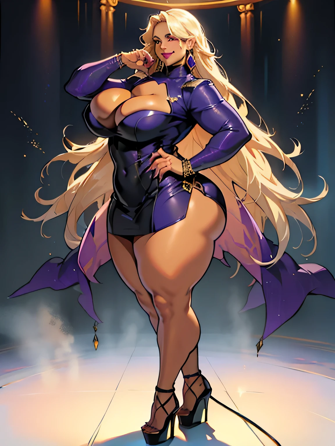 Detailed CG artwork, (highest quality, Exquisite details, An absolute masterpiece), (Head to toe images)), ((Full body image)),(Plus Size Model)), (((Dark mahogany skin))),(((Light blonde))), (alone,beautiful mahogany black skin、Micro Dress),be familiar with beautiful mature face, Highly detailed beautiful face and eyes, (be familiar with, Fascinating, and clear eyes), (Plump, glossy purple lips)),((High heels)),(purple eye shadow), blush, (sadistic Fascinating smile), (Curvaceous), ( Incredibly large and curvaceous hips), (Very huge voluptuous ass), (Huge thick thighs), (Glowing Skin), (Wet oily skin), finger nail art, jewelry, bracelet, Hoop Earrings