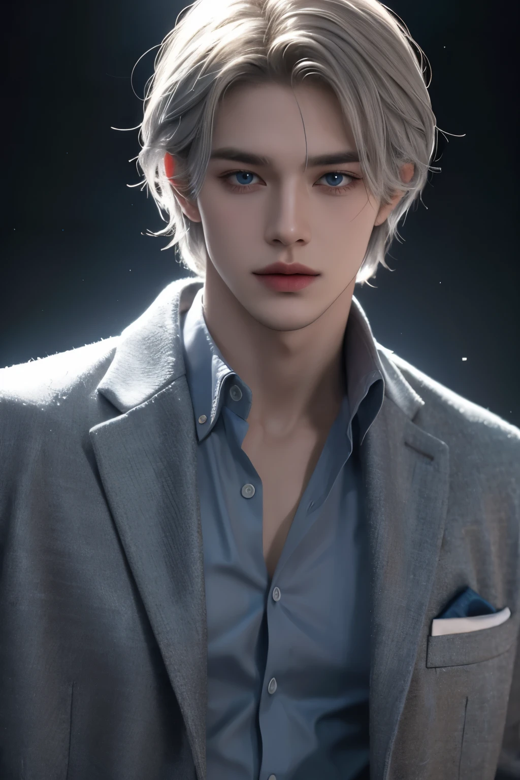 Boy, silver hair, blue eyes, serious sharp features, white skin, gray shirt and jacket