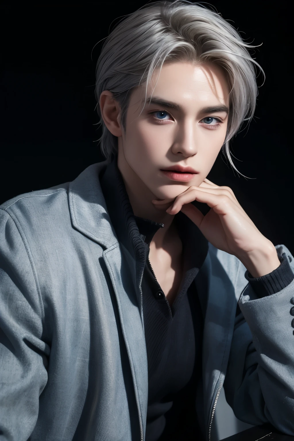 Boy, silver hair, blue eyes, serious sharp features, white skin, gray shirt and jacket