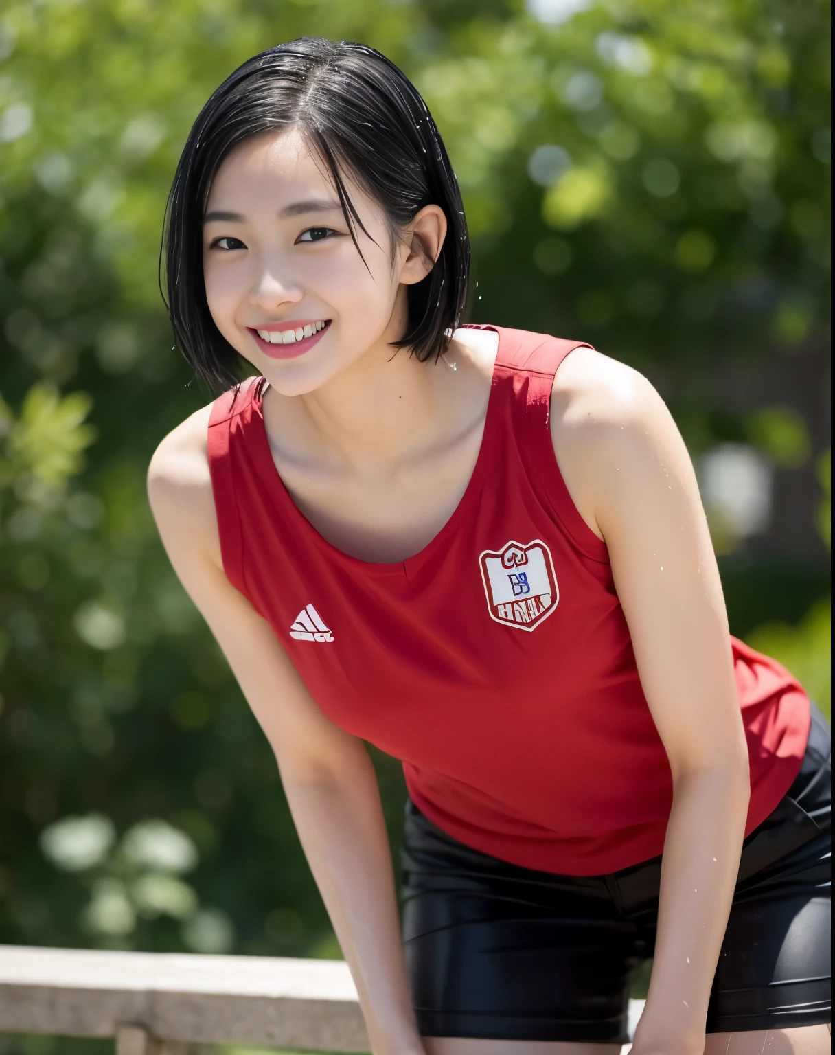 NSFW,one japanese girl, Front view, stand, Looking at the audience, Exposed Skin, (From below),Brown eyes, (very short hair with black hair:1.2), (bright hair), (Medium chest:1.4), Smiling with white teeth, (Photorealistic:1.4), (Best image quality:1.0), (Ultra-high resolution:1.0), 8k, Raw photo, (masterpiece:0.2), タイトなAthletics uniforms, Show off your abs, ((Sweaty, Wet)), Full Body, Outdoor, Athletics,blush:1.5,16 years old~28 random ages,Bare thighs,Camel Toe
