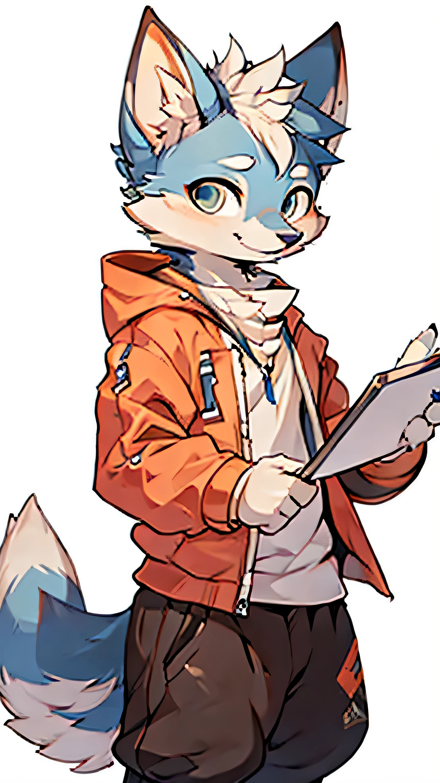 masterpiece, best quality, blue small skinny fox, 1 boy, holding a pencil of a drawing tablet, sweatshirt, shy and calm, white neutral background