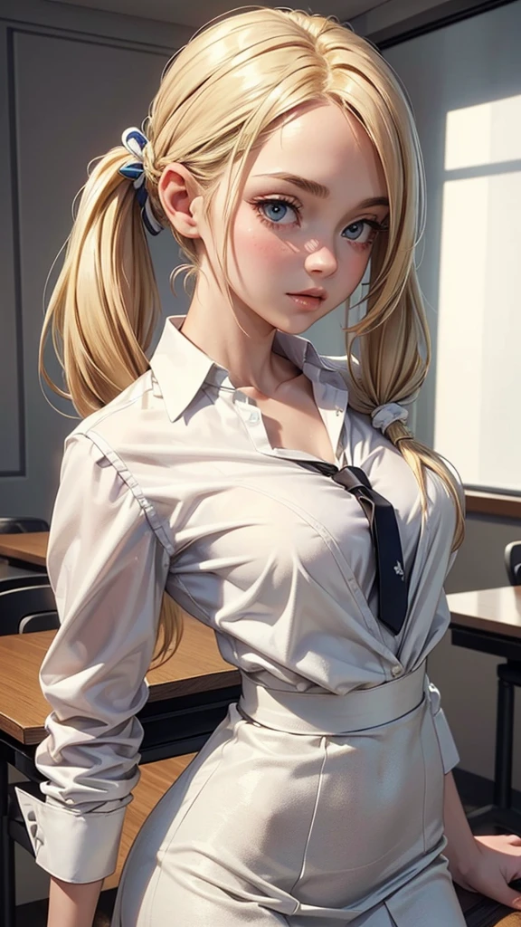 (masterpiece), (best quality), (detailed), light layer, 1solo girl, young girl, perfect body, blonde hair in pigtails, defined chest, defined collarbone, ultra realistic, photorealistic, detailed, ,Enhance, wearing a white dress shirt and tie, dress jacket, mid skirt, conference room background, back turned
