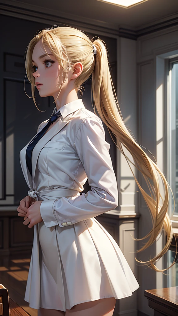 (masterpiece), (best quality), (detailed), light layer, 1solo girl, young girl, perfect body, blonde hair in pigtails, defined chest, defined collarbone, ultra realistic, photorealistic, detailed, ,Enhance, wearing a white dress shirt and tie, dress jacket, mid skirt, conference room background, back turned 