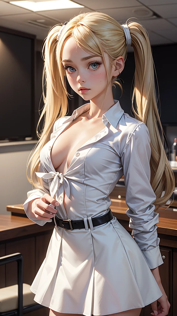 (masterpiece), (best quality), (detailed), light layer, 1solo girl, young girl, perfect body, blonde hair in pigtails, defined chest, defined collarbone, ultra realistic, photorealistic, detailed, ,Enhance, wearing a white dress shirt and tie, dress jacket, mid skirt, conference room background, back turned