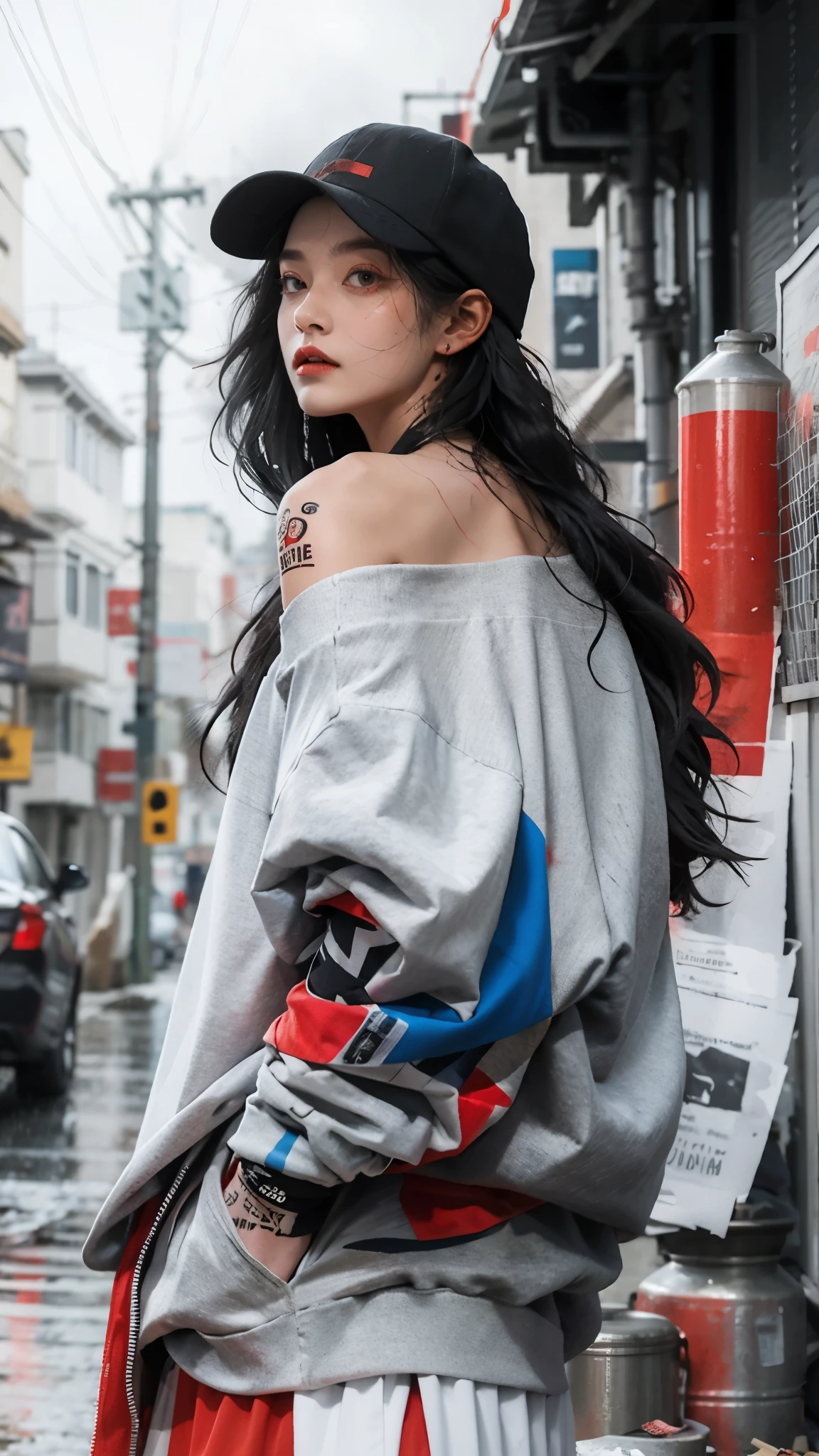 1 girl,Back splash, Red Paint Splatter Sweatshirt(black),Tattoos of the face and neck, One off-the-shoulder garment,Baseball cap,Alchemy Laboratory,The mystery of the unknown,Put your hands in your pockets,Random colorful long hair,Shoulder-length hair,black eyes,Game scene graph, Rainy street background