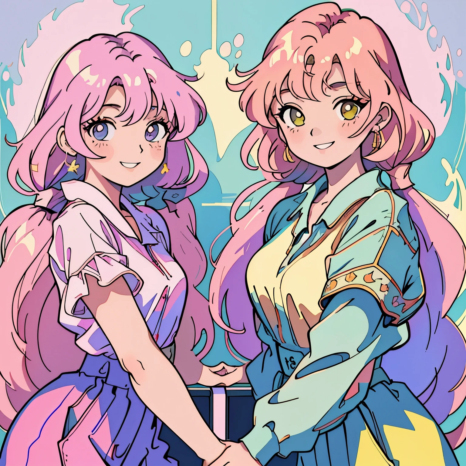 Anime masterpiece showcasing two delightful girls in top-quality production. Their faces radiate smiles as they immerse themselves in an engaging game session, donning adorable outfits with short sleeves. Their long, flowing pink and blonde hair is meticulously rendered in pigtails, with big, expressive eyes that gleam with excitement and joy. The background bursts with vibrant and varied hues, creating a lively and cheerful atmosphere reminiscent of a sunlit day. The gaming consoles exhibit exquisite details, with meticulous shading that highlights the intricacies of the design. Each component is beautifully rendered, infusing a sense of joy and excitement that is reflect