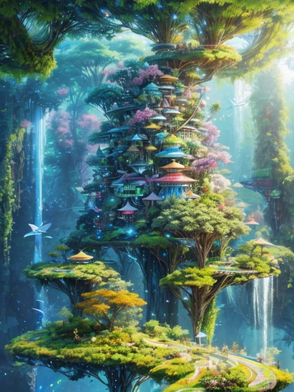 artistic and creative utopian world where humans living in harmony and peace with flora and fauna, Artificial Intelligence and the Singularity Imagination, Intricate and detailed, maximalist, Perfect flow of energy, Futuristic, utopian, Very detailed, futurepunk, amazing depth, プロンプトエンジニアリング責任者によるVery detailed傑作