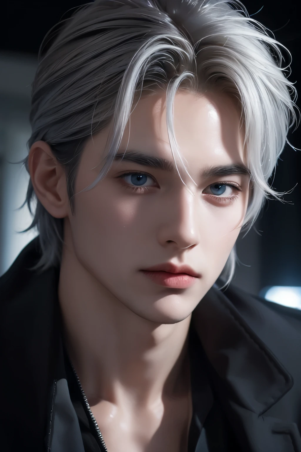 Boy, silver hair, blue eyes, serious sharp features, white skin, gray shirt and jacket