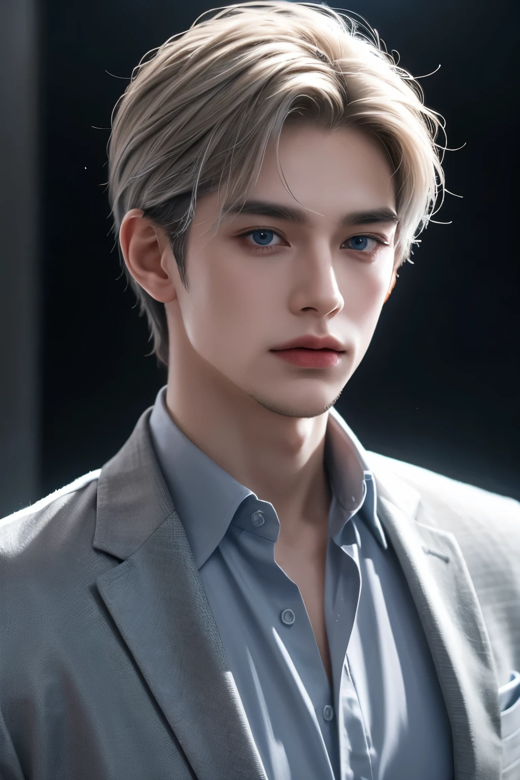 Boy, silver hair, blue eyes, serious sharp features, white skin, gray shirt and jacket