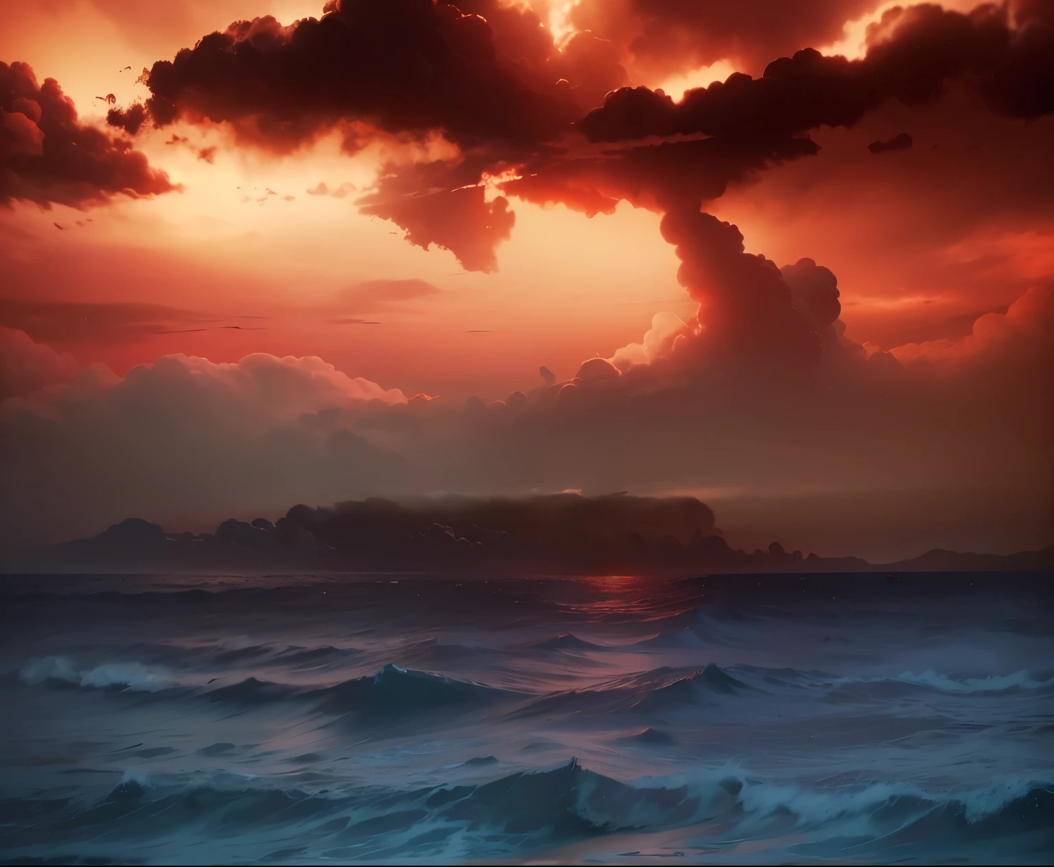 hell, red clouds, darkness, ocean