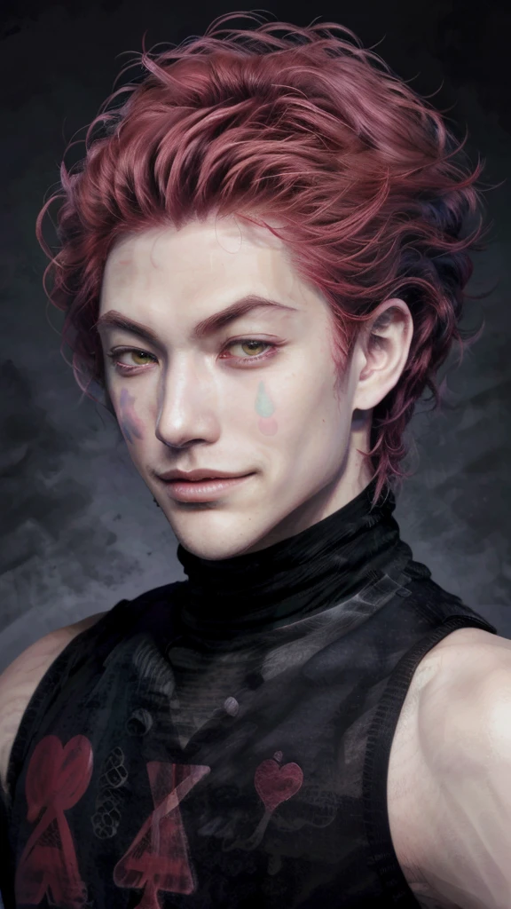 (best quality), high quality, very high resolution, (ultra detailed), 8k, (hyper realistic),Ray Tracing, to base from this drawing, pink hair, shoulder length hair, pink hair, angled eyebrows, smirk, smile, smirking mouth, star on face, yellow eyes, sharp eyes, manly face, thin face, hisoka morrow, hisoka, magician, hunter x hunter, hisoka, man fron anime, looks exactly like hisoka, handsome man, asian man, handsome asian, black clothes