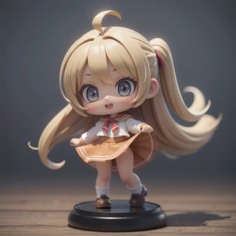 (masterpiece, best quality:1.2), 1girl,student, ((masterpiece, highest quality, Highest image quality, High resolution, photorealistic, Raw photo, 8K)),(nendoroid figure), miniatures,illustration,blonde hair,(tanned dark skin),loose socks,very happy,whole body,skirt lift(skirt hold),nude,undressing,showing titties((visible nipple)),((visible vagina)),three-dimensional,octane rendering,Perfect face,Collagen texture((flowing hair))