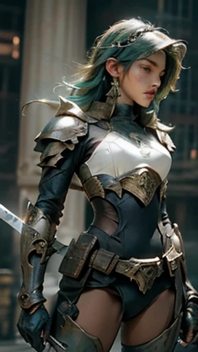 (obra de arte), (melhor qualidade), fotorrealismo, realista, ultra detalhado, rosto perfeito, corpo perfeito, 1 , garota linda, ((garota de armadura)) (((verde e azul))), mechanical armor, exoesqueleto, ficar, pose legal, sensual, with swords in hand,sword attack action,cbelos longos rosa,exoesqueleto,hair and head showing