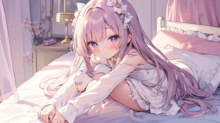(A cute wearing lace:1.1)Have beautiful and delicate eyes and a sweet smile,(colorful)Peeking playfully from under the skirt,(Comfortable and well-lit bedroom)Comfortable bed。The room is full(soft natural light),It creates a warm and inviting atmosphere。Emphasis on loli;s butt,Add a touch of sexiness to the scene。(bedroom)具have(girly and elegant)of aesthetics,have(muted pastels)and exquisite decoration。(side view)The angle allows us to appreciate the cute and innocent expression on Loli'ace,And her cute posture in bed。