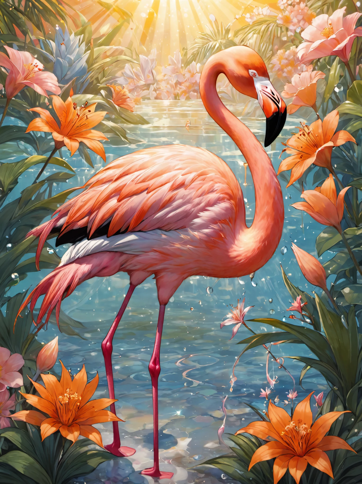 Portrait of an adventurer with flamingo and flowers ,Catch the sun:0.8, Just like glass fragments injecting warmth and energy into the space:0.4 Flash and Dance.