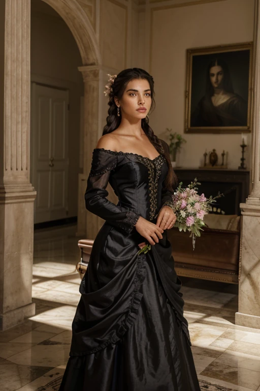 mujer, grave, guerrero, armadura, elegant, vestido rosa, aristocratic, elementos de plata, long nails, hombros descubiertos, peinado, Cabello recogido, trenza y cola de caballo, desordenado, arrogant, absurdo, vestido detallado, Realeza, celebracion, living room decorated with flowers, tiro de vaquero, retrato, (mejor calidad), (Obra maestra), (Muy detallado), (4k)