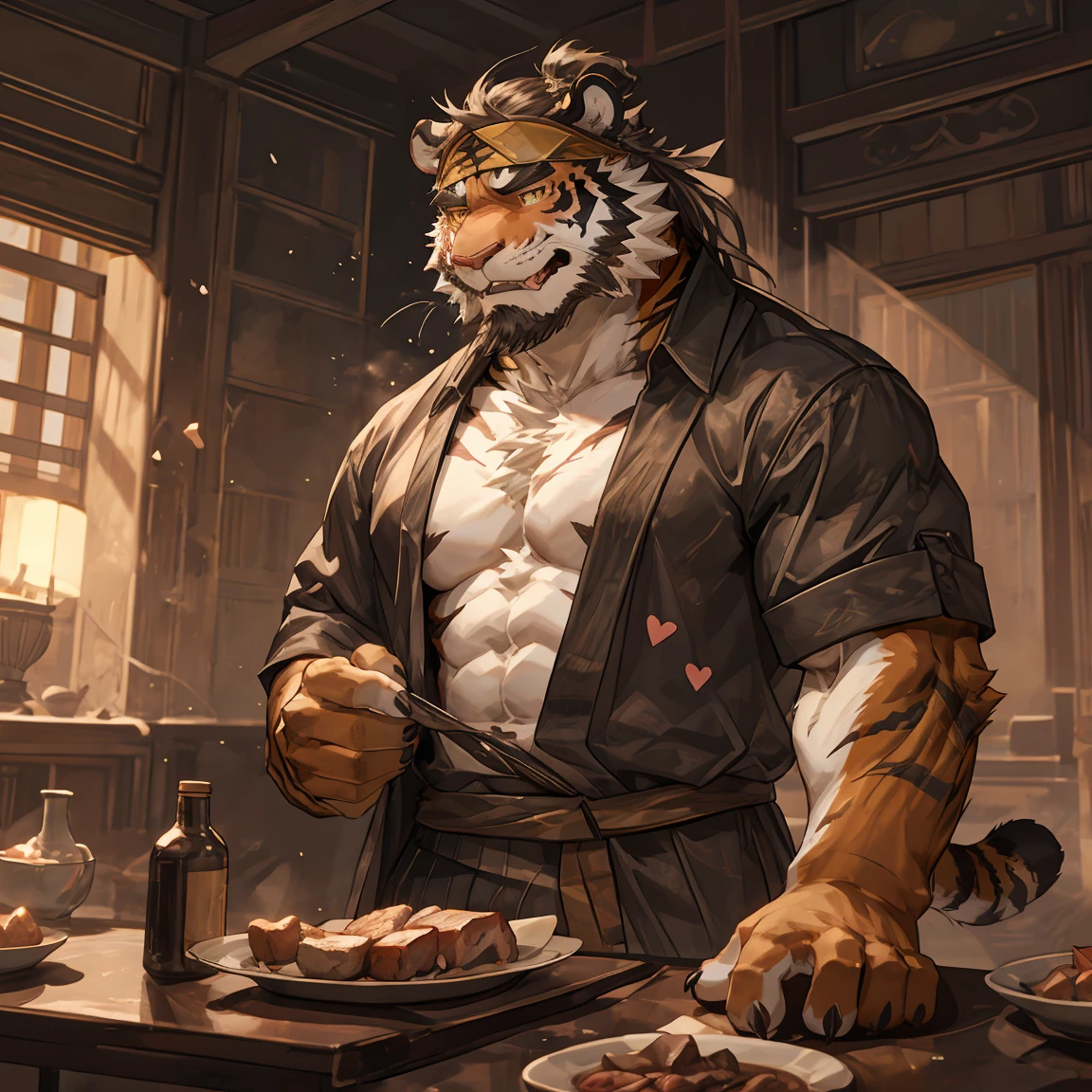 Masterpiece,Best quality,1boys,(Huai_Tianpei),Solo,Muscular male,hi，It's nothing,8K HD,Extreme detail,Detailed background,Masterpiece,Muscular,muscular anthro,aged up,view the viewer,hair-bun,Beard,Sideburns,Open clothes,Chinese clothes,Claws,Thick eyebrows,Orange body,Facial hair,Tiger tail,Brown hair,Headband,Tiger ears,Tiger Boy,Medium hair,Upper body,Disheveled, Damaged clothes, Bleeding from the arm, Small scars on the arm, Self-harming behavior, Leaning against the wall, Powerless, Tears lower body only wearing underwear, There is a meat pad in the palm, The tail droops, Holding a knife in the right hand, self-harming on the left arm, Broken Heart Graphics, The broken heart graphic is surrounded by small love hearts, nosebleed, open mouth, light smile, crazy, blush, sad, fangs, tongue, evil smile, pain, crying, tearing up, gloom (expression), jealous, nervous smile, nervous, shaded, expressions, unconscious, seductive smile, ear blush, heavy breathing, torogao, naughty face, naughty, endured face, glint, happy, yandere, laughing, skin fang, upper teeth, fang, fang out, light blush, excited, nose blush, teeth, anger vein, expressionless eyes, full-face blush, sobbing, sad smile, forced smile, crazy smile, thinking, pensive, upset, sulking, tired, worried, depressed, rape face, , guilt, crazy eyes, dilated pupils, tears, crying with eyes open, happy tears, streaming tears, tareme, yellow eyes, anime, anime style, chiaroscuro, ray tracing, cut-in, tachi-e, masterpiece, anatomically correct, ccurate, textured skin, super detail, high details, high quality, award winning, best quality, highres, 1080P, 8k, HD，Clear details, Clear eyes, individual, Clear face, Disheveled, Clothes are torn, Correct anatomy, tiger boy, Furry fur, Furry&#39;s limbs